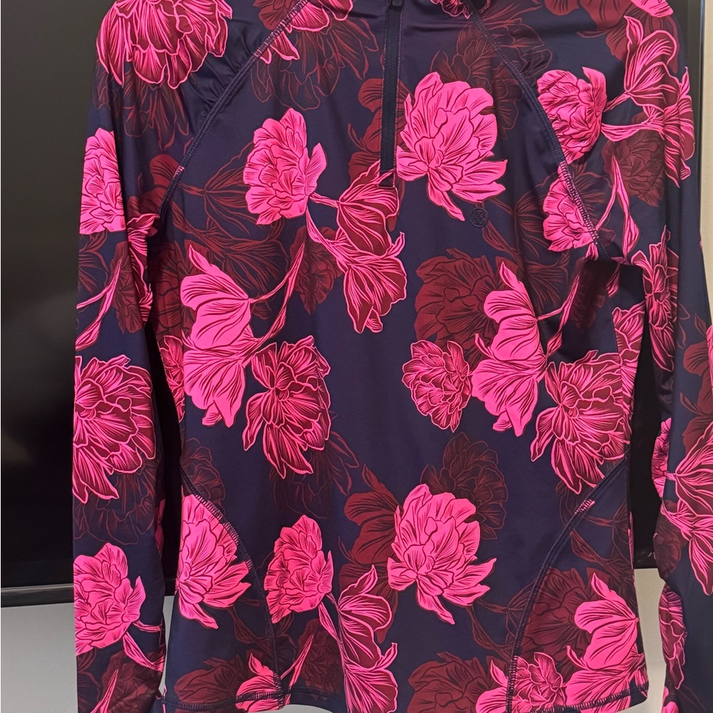 G/FORE Navy Long-Sleeve Top with Hot Pink Floral Print